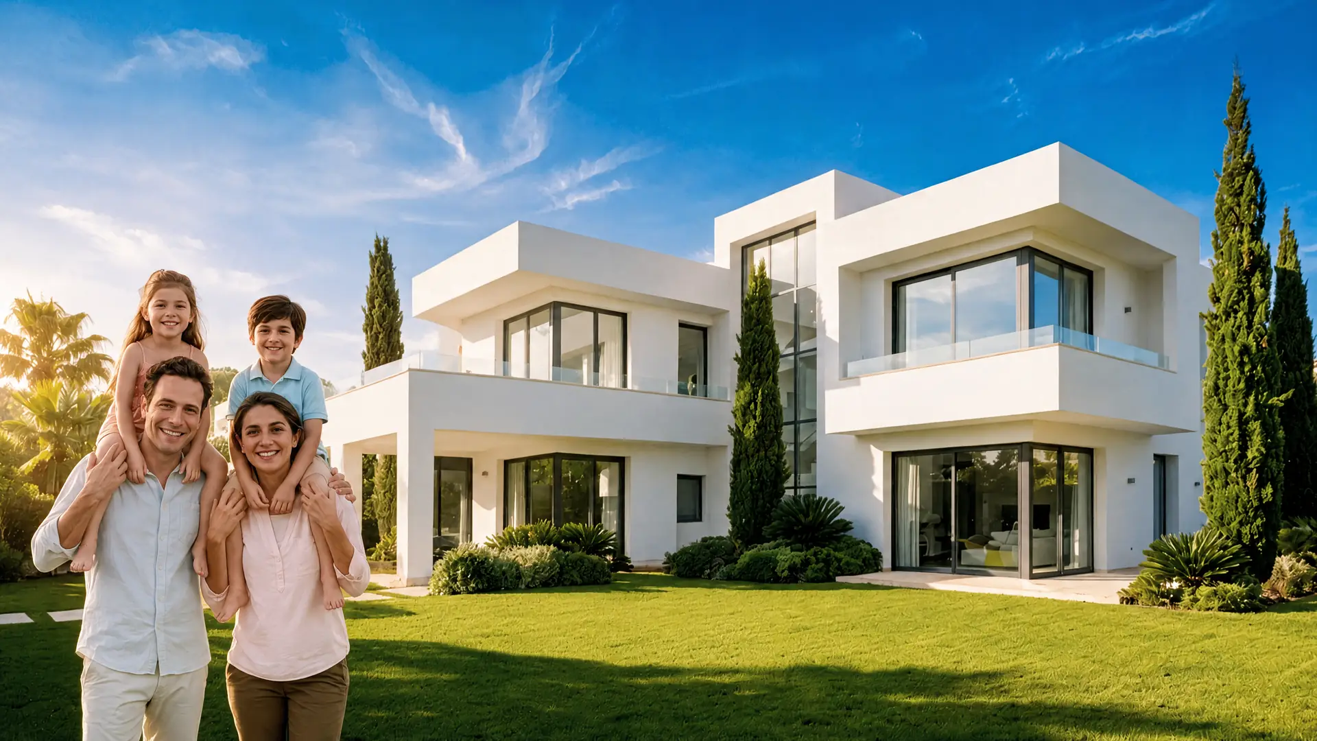 A smiling family of four on the lawn in front of their new white modern home on a bright, sunny day